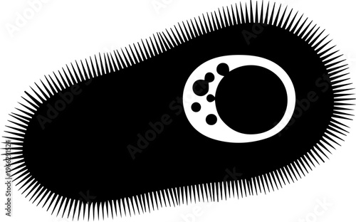 Striking abstract black and white graphic of a spiky amoeba shape with internal circular elements, perfect for science or medical themes