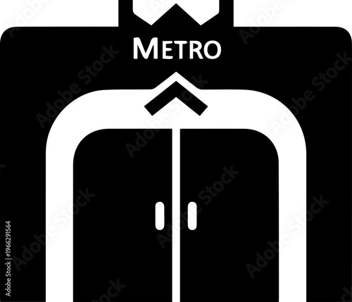 Iconic metro entrance sign with double doors and upward arrow, representing urban transit and city exploration