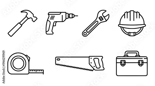 Construction tools and equipment for a worker on a site with a hard hat