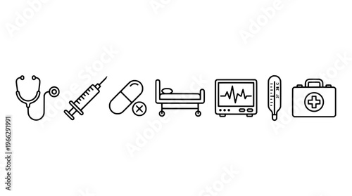 Medical icons depict healthcare tools and symbols on a white background