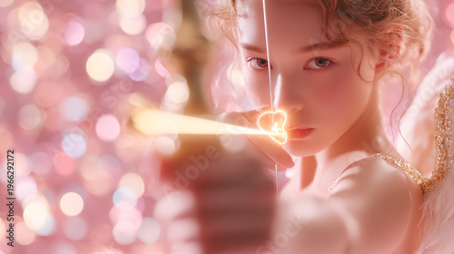 弓を構えるキューピッドの顔のクローズアップイメージ