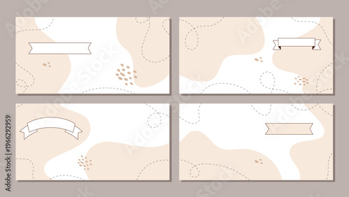 Soft organic background with fluid blob form and minimal amoeba shape in beige and white set. Abstract flat banner set as horizontal , with doodle detail simple modern frame, ideal for clean web or