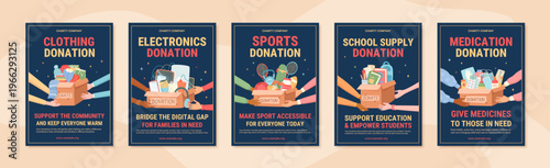 Colorful charity donation box banner set. Flat donation poster template for community care and needy support. Volunteer gift box scenes on black background as print or web banner for donate and