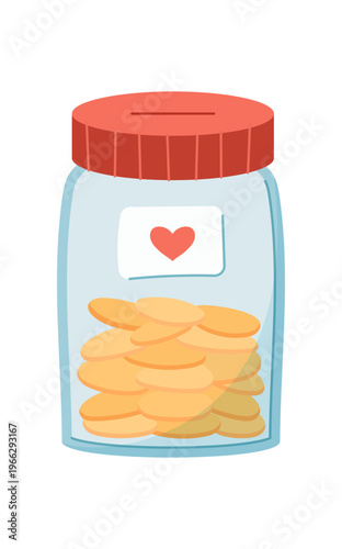Money donation jar with coin save detail in soft blue and red color. Charity container for people who donate and give help. Simple heart icon show care support as aid for community need