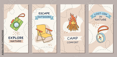 Colorful doodle camp poster bundle with cartoon graphic style background. Nature, adventure and campfire combine with map, compass, equipment and color for a fun poster collection.