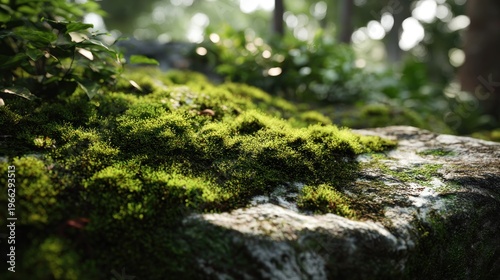 Lush Moss on Stone Surface Under Dappled Sunlight in Forest Environment