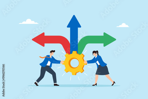 Flat illustration of businessman and businesswoman turning central gear to redirect multiple arrows symbolizing strategic decision making flexibility teamwork and business transformation