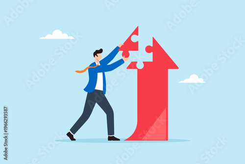 Flat illustration of businessman placing puzzle piece on upward arrow symbolizing problem solving strategy business growth and building long term success