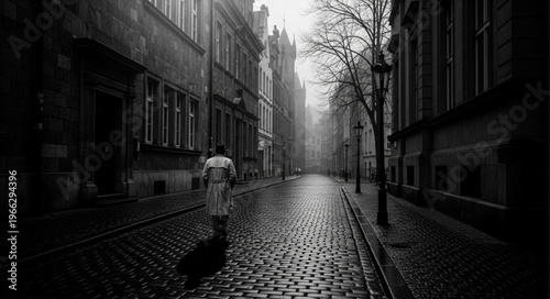 Person Walking on Cobblestone Street.