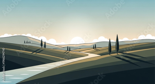 Rolling hills with winding road.