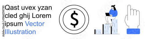 Business finance, remote work, technology, data analysis, investment, success. Dollar sign, person on chart with laptop pointing hand. Business finance and remote work