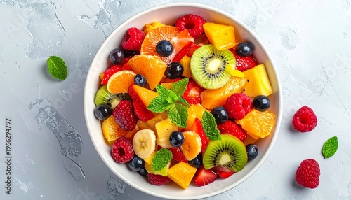 A colorful and appetizing bowl of fresh fruit salad, bursting with vibrant flavors and healthy ingredients. The bowl is filled with a variety of fruits.