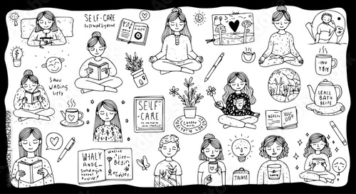 Hand-drawn doodle collection of self-care activities: reading, meditating, drinking tea, and relaxation, illustrating mental well-being and mindfulness.