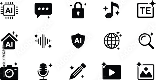 Artificial intelligence and digital technology icons, smart solutions with AI processing and communication.