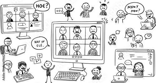 Hand-drawn doodle collage: Remote work, online meetings, and virtual communication. People on video calls, using laptops, and digitally interacting from home.
