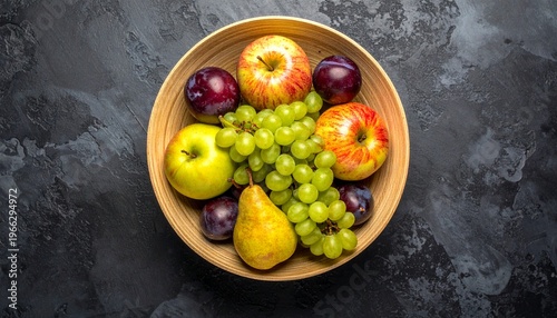 A vibrant assortment of fresh fruits displayed in a wooden bowl