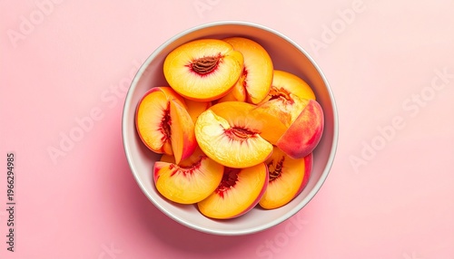 Sliced ripe peaches in a bowl on a soft pink surface