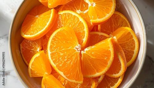 Freshly sliced oranges arranged in a bowl, showcasing their vibrant colors and juicy texture. A healthy and delicious treat.