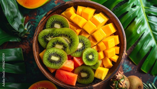 A vibrant bowl of fresh, tropical fruit slices, ready to be enjoyed. The arrangement includes slices of kiwi, mango and papaya 