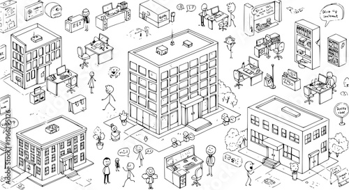 Detailed isometric hand-drawn illustration depicting office life, IT infrastructure, digital communication, and networking with various stick figures and buildings.
