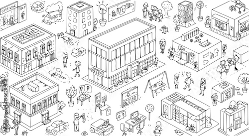 Isometric hand-drawn city doodle with office buildings, shops, homes, people, cars, and technology modern urban life sketch in black and white.