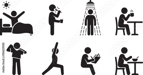 Daily Morning Routine and Healthy Lifestyle Habits Icon Set, Activity Schedule and Rituals.