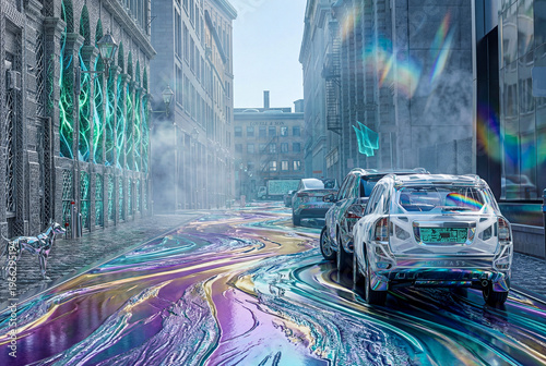 Jeep Compass cars on iridescent street with chrome dog and glowing architecture in city featuring Lovell and Son building