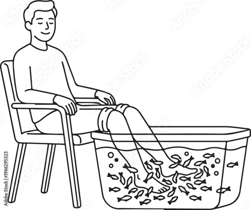 Line art illustration of a man getting a fish pedicure in a spa, garra rufa doctor fish foot therapy, wellness and relaxation concept, minimalist coloring book style.
