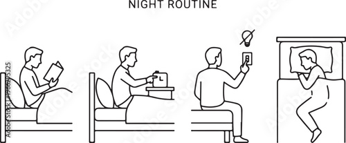 Line Art Illustration of a Man's Night Routine Reading a Book, Setting an Alarm, Turning Off the Lights, and Sleeping in Bed.