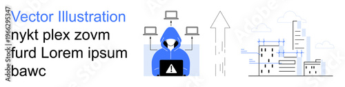 Cybersecurity, hacking, data protection, urban infrastructure, network security, online threats. A hacker in a hooded sweatshirt with a laptop and cityscape with digital connections. Cybersecurity