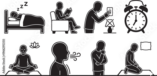 Minimalist Icon Set for Bedtime Routine, Sleep Hygiene, Mindfulness, and Relaxation Exercises; Featuring Sleeping, Reading, Meditation, and Alarm Clock Pictograms.