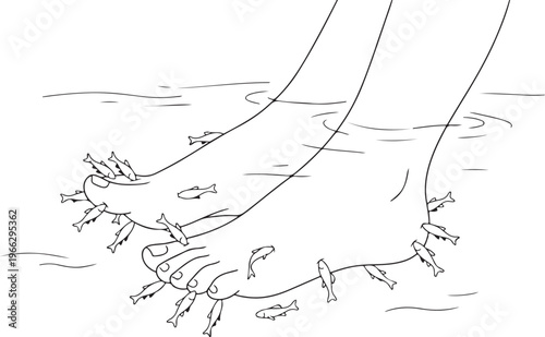 Minimalist Line Art Drawing of Feet in a Fish Spa with Garra Rufa Fish for Natural Pedicure and Skincare Treatment.