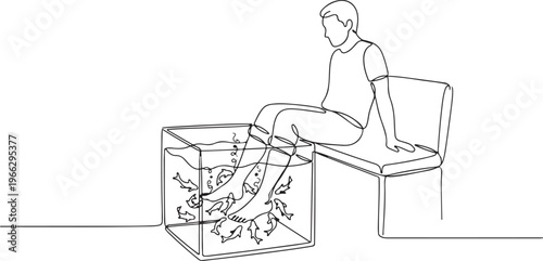 One-line drawing of a man enjoying a fish spa pedicure in an aquarium with doctor fish. Continuous line art of a person sitting on a chair with feet in water for a natural skin treatment.