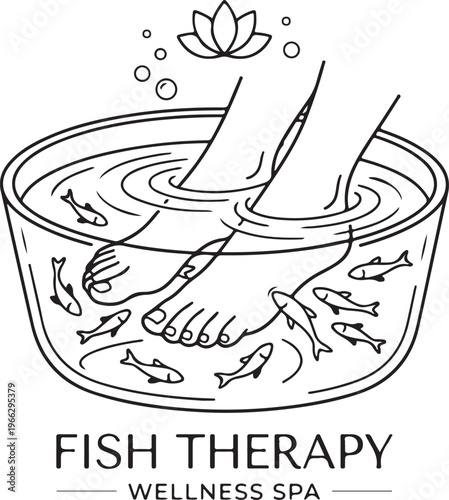 Minimalist Line Art Logo for Fish Therapy Wellness Spa with Feet in Water and Garra Rufa Doctor Fish Pedicure.