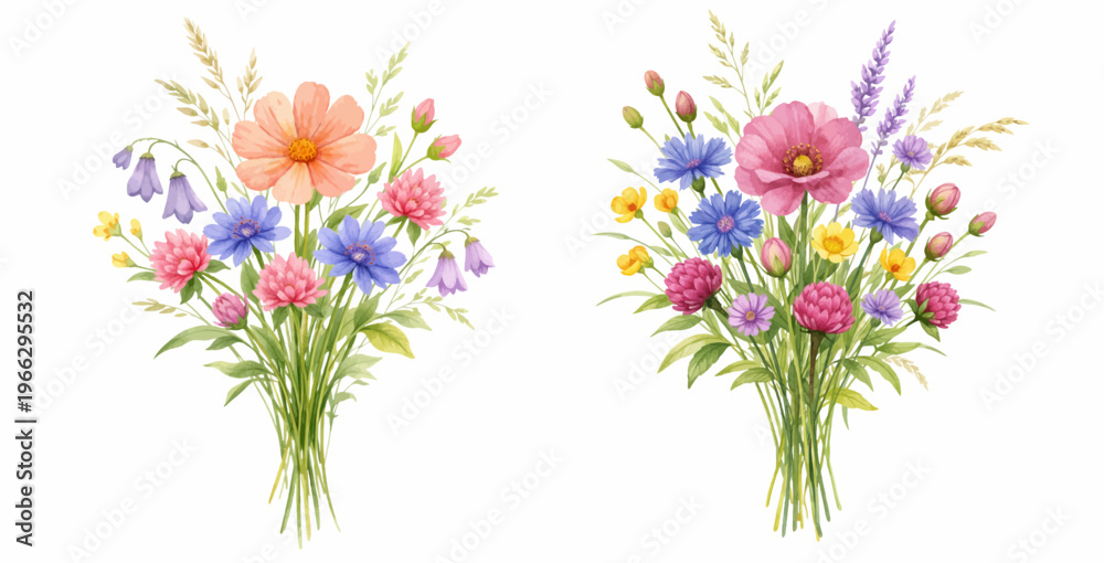 Fototapeta premium Watercolor wild flower bouquet collection illustration, colorful meadow floral arrangements isolated on white background