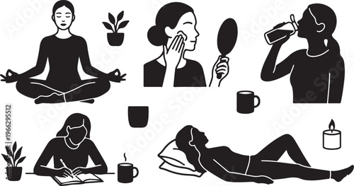Set of Minimalist Silhouettes Depicting Women's Self-Care Routines, Wellness Activities, Meditation, Skincare, Journaling, and Healthy Habits.