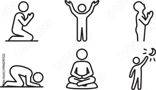 Set of Prayer and Meditation Icons Depicting Religious and Spiritual Poses Including Kneeling, Worship, Sujud, and Zen Meditation.