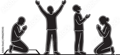 Silhouettes of People in Various Prayer and Worship Poses, Kneeling and Standing Icons of Devotion and Faith.
