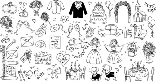 Hand-drawn Wedding Doodle Icon Set: Collection of Bridal Ceremony Elements, Love Symbols, and Celebration Objects in Line Art Style