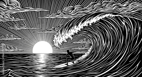 Surfer rides huge ocean wave.