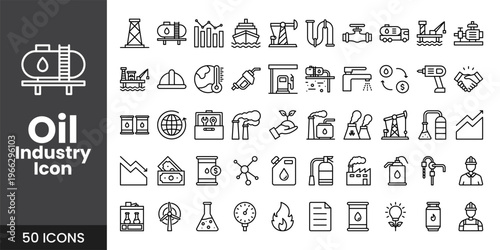 Oil and Gas Industry Icon Set with Fuel, Refinery, Pipeline, and Industrial Energy Vector Collection