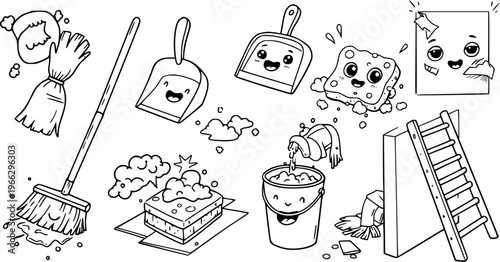 Cute cartoon cleaning tools doodle set. Black and white line art vector illustration of household supplies for coloring pages.