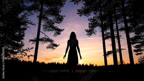 Woman standing in forest at sunset.