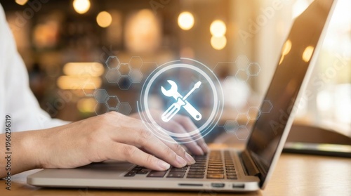 Technical support icon on laptop, computer repair service, online maintenance and troubleshooting