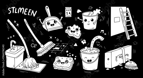 Cute Hand-Drawn Cleaning Tools Doodle Set. Kawaii mops, buckets, sponges, and brooms with happy faces on a dark background, perfect for fun hygiene concepts.