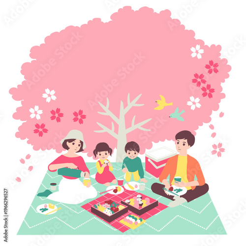 季節のファミリーイラスト（4月）満開の桜の下でお花見のピクニックをする家族