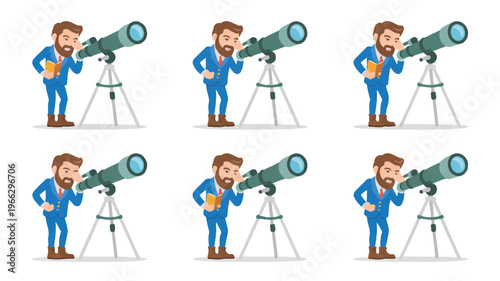 a man in a blue suit looking through a telescope in different positions
