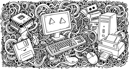 Intricate hand-drawn doodle of retro computer hardware and technology components with a swirling abstract background, perfect for IT and vintage tech themes.