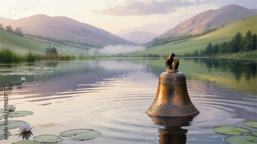 A serene lake scene with a bronze bell partially submerged in the water surrounded by lily pads and flowers in a valley with mountains