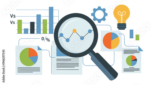 Business data analysis with magnifying glass and colorful charts and graphs